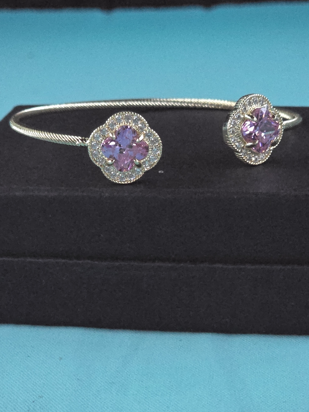 Silver Open Bangle Bracelet with Pinkish Purple Flower Gemstones